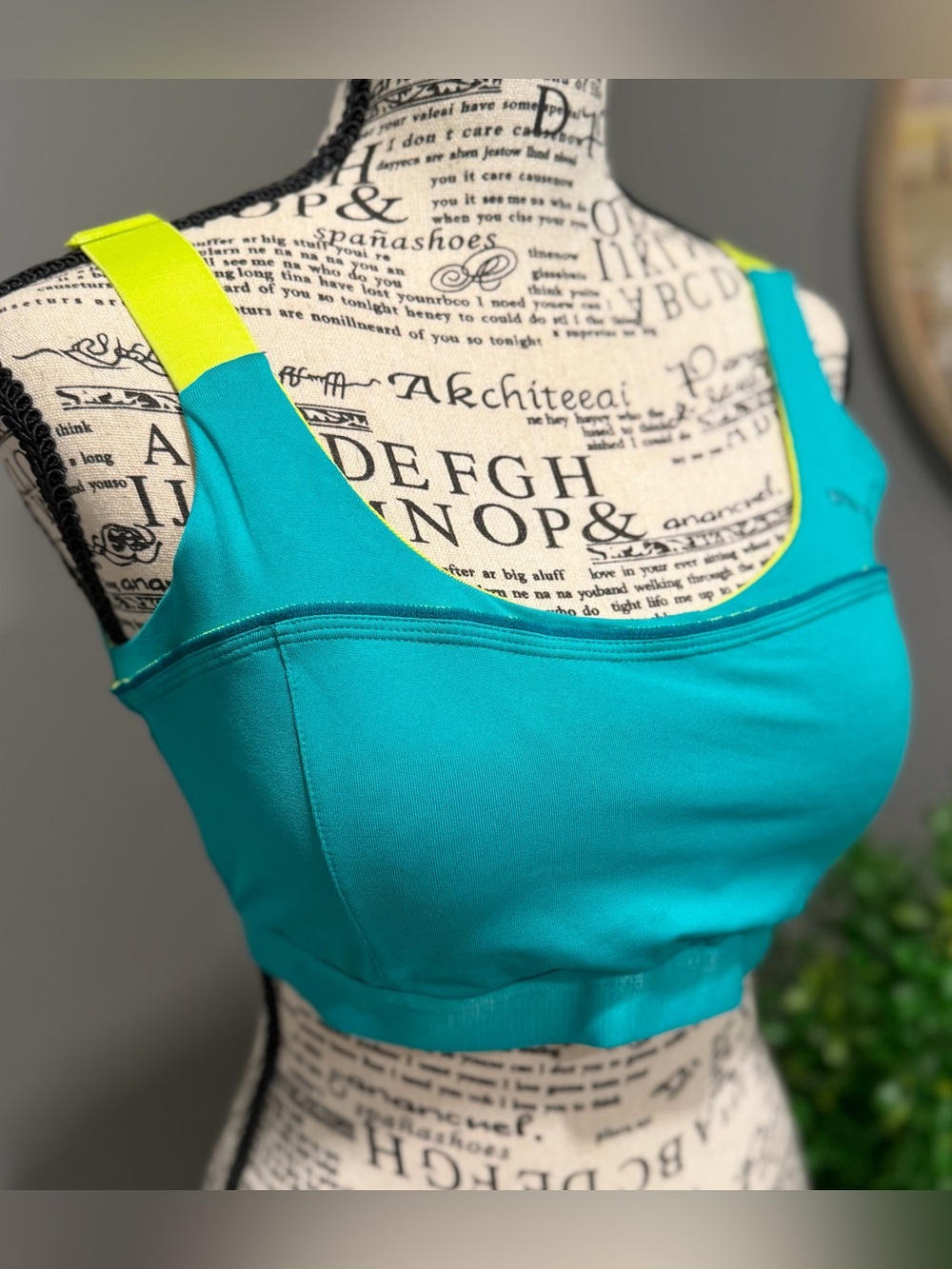 Puma Teal Sports Bra with Neon Yellow Straps